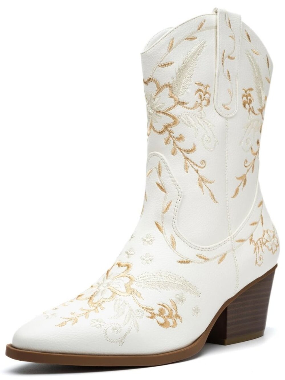 Womens Wide Calf Cowboy Boots, Western Cowgirl Mid Calf with Gold Embroidery